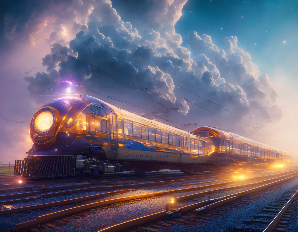 Futuristic train under dramatic sky with shimmering lights