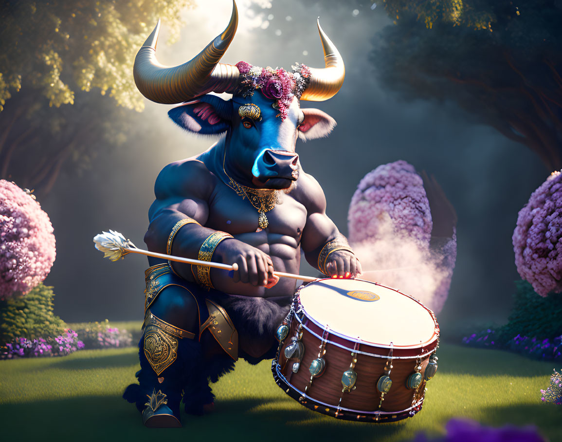 Mystical bull humanoid playing drum in lush fantasy setting