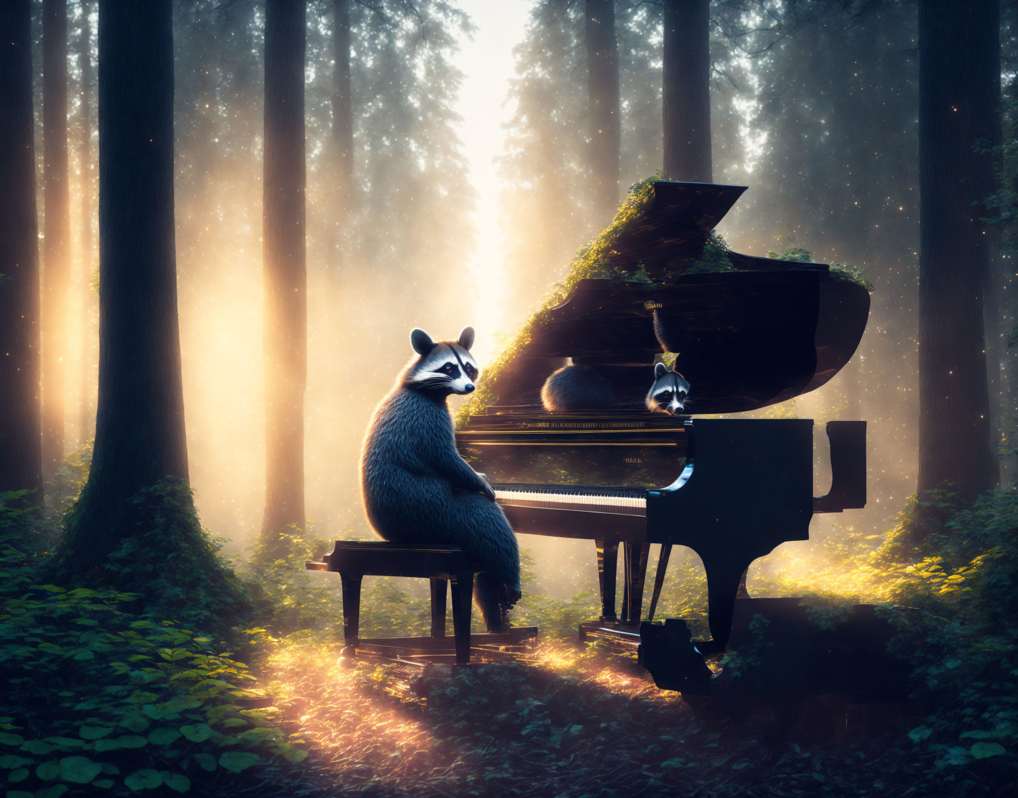 Raccoon playing grand piano in mystical forest with sun rays