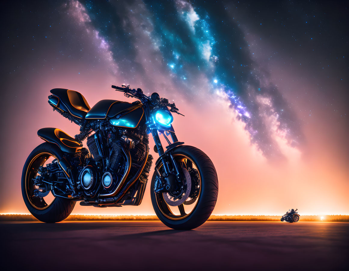 Motorcycle under starry sky with nebula, sunset horizon, and distant bike