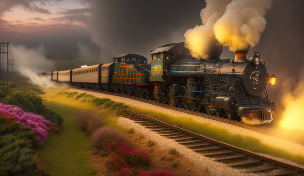 Model steam locomotive pulling carriages through scenic backdrop with colorful flora and misty sky