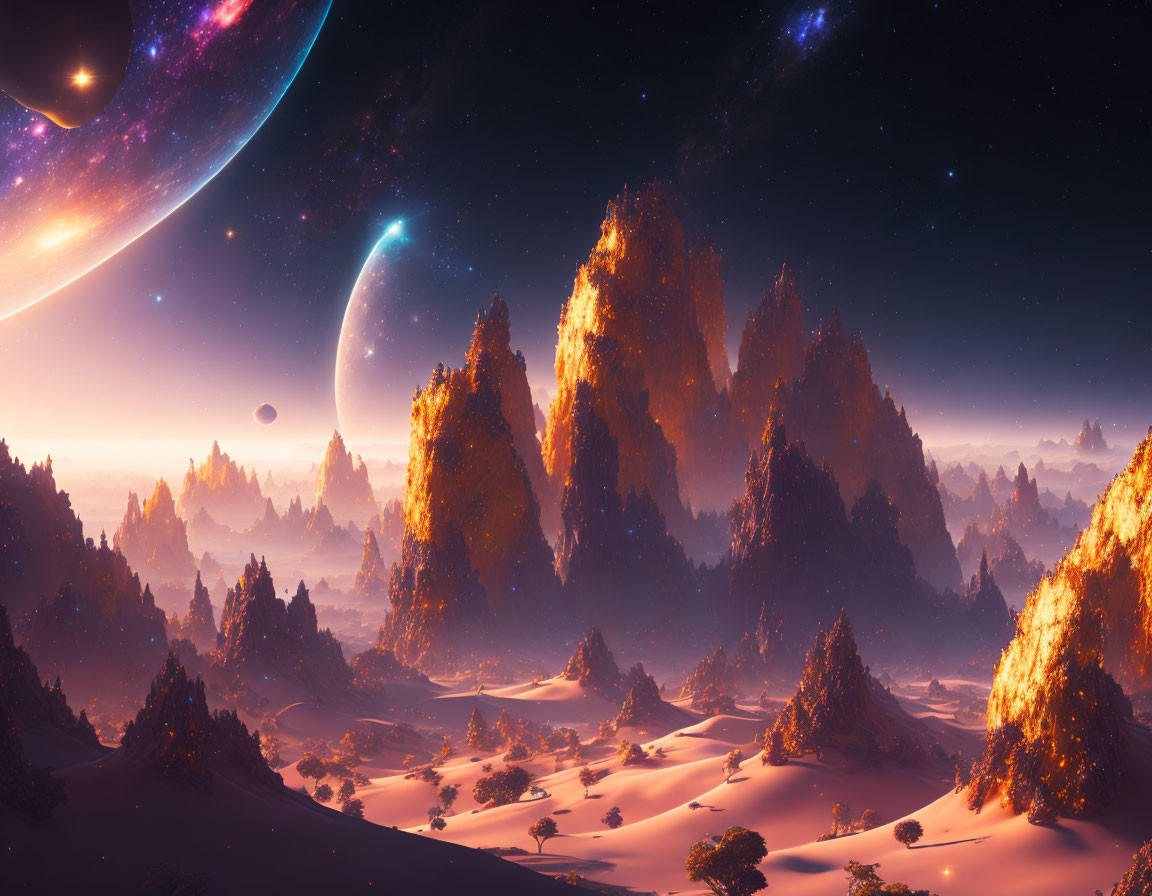 Majestic fantasy landscape with rock formations, sand dunes, forest, and celestial bodies.