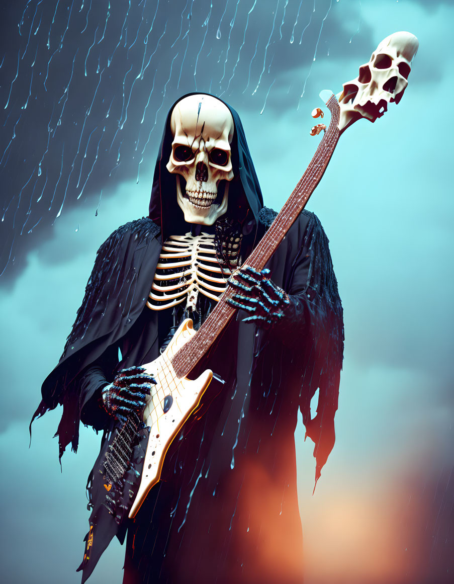 Skeleton in cloak with skull guitar in rain