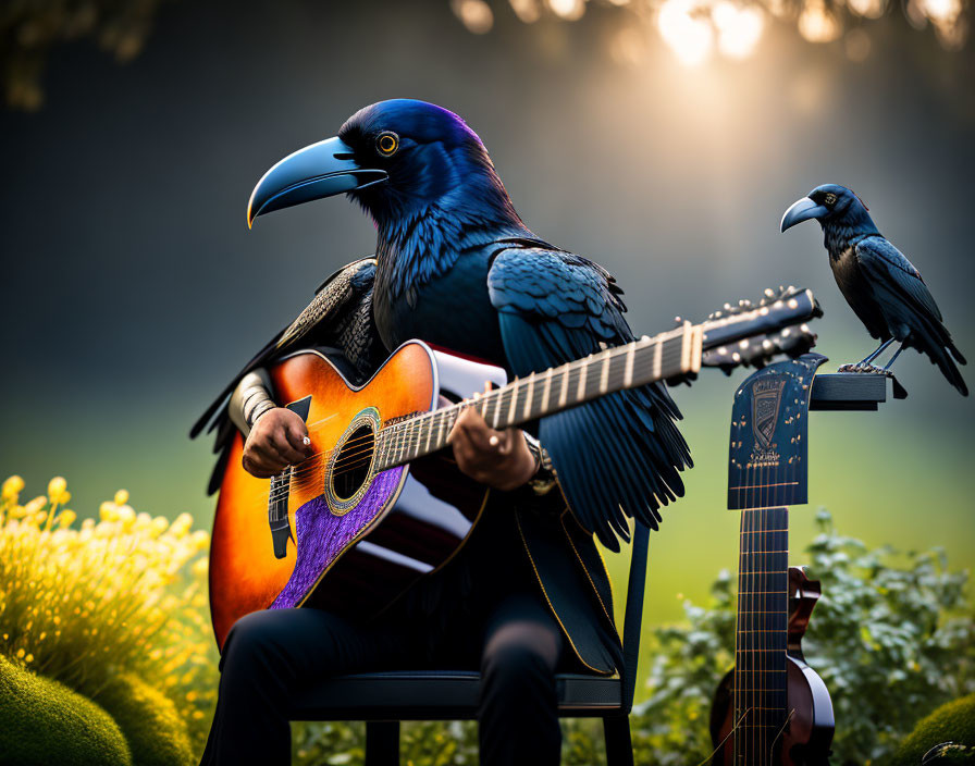 Personified raven playing guitar in sunlit forest