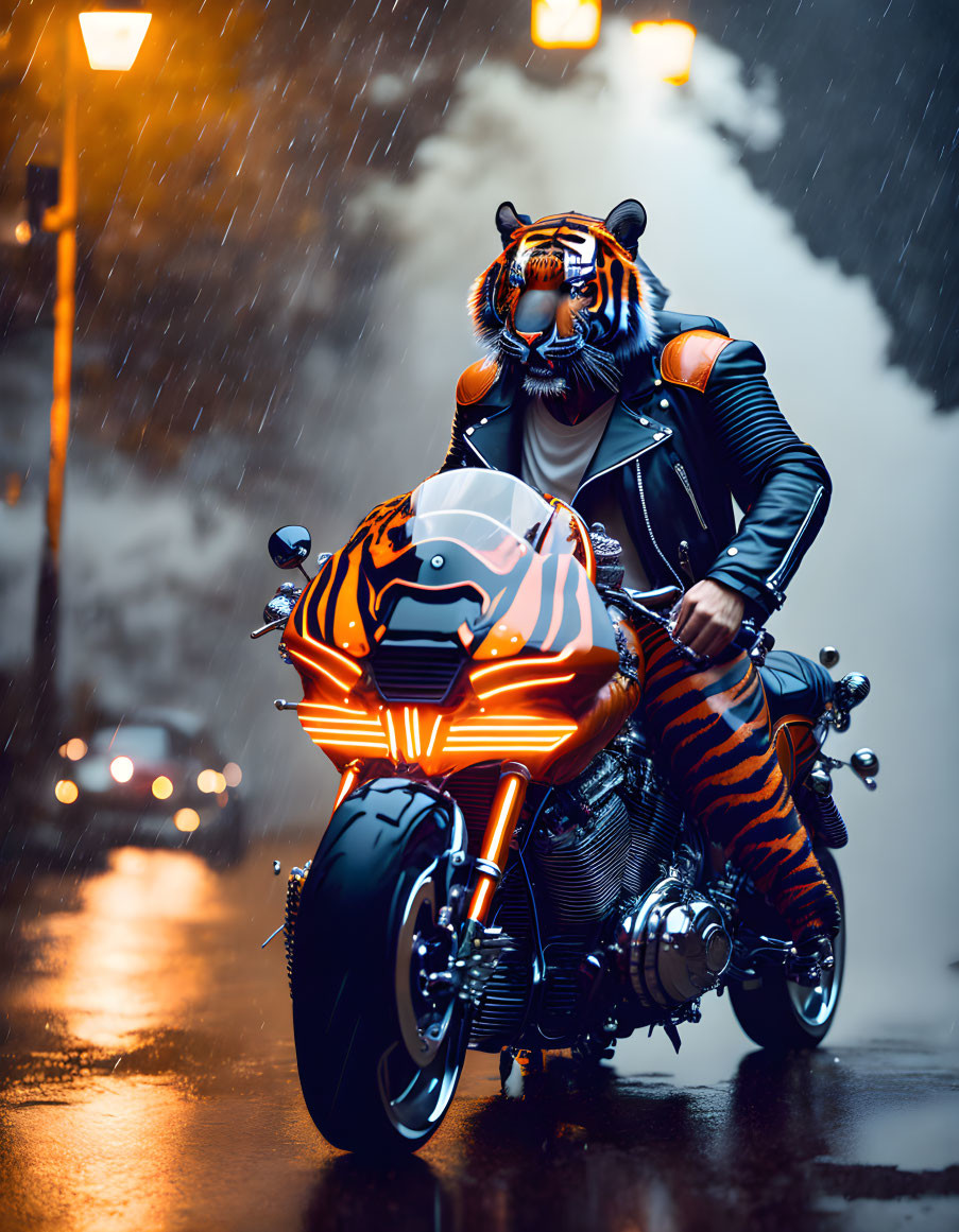 Person in Tiger-Themed Outfit Riding Motorcycle in Rainy City Street