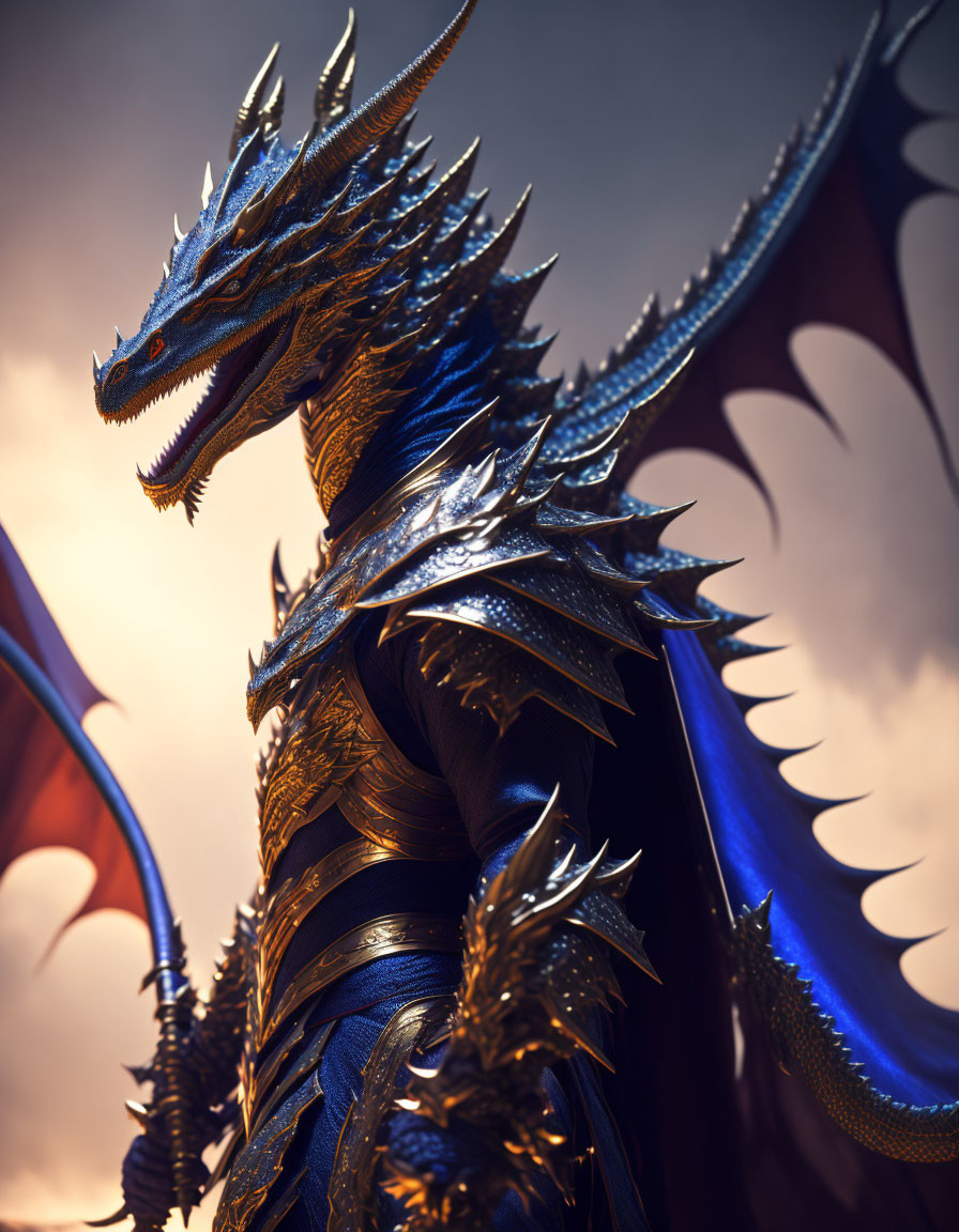 Blue-scaled dragon in golden armor with gleaming spikes and expansive wings