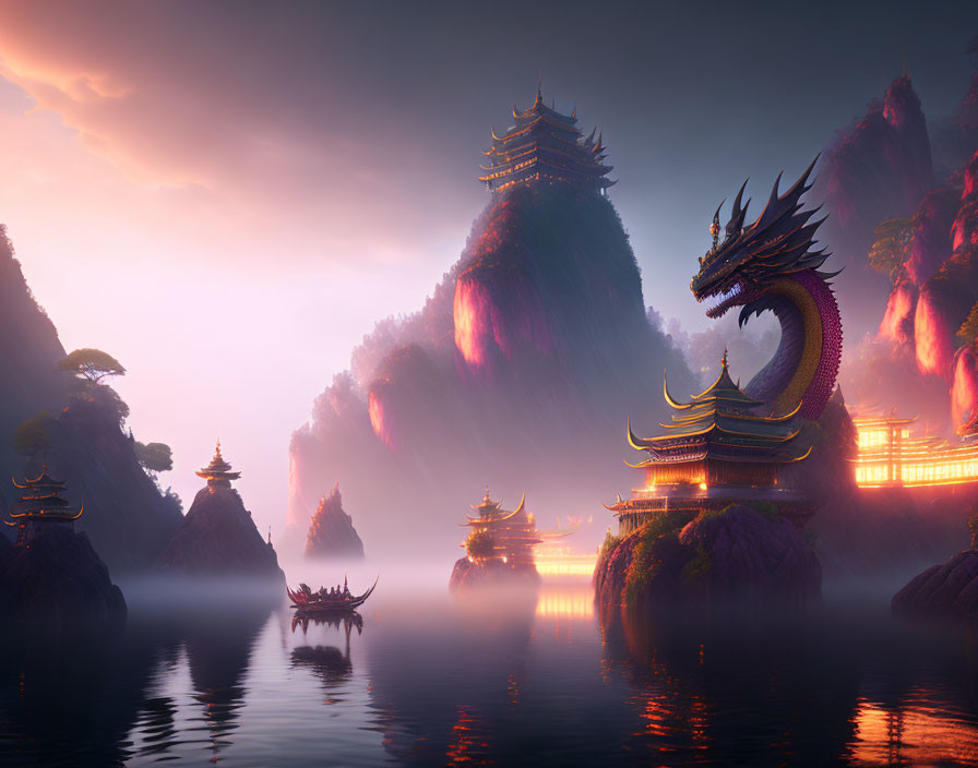 Dragon and Pagoda in Misty Mountain Landscape with Sunset Sky