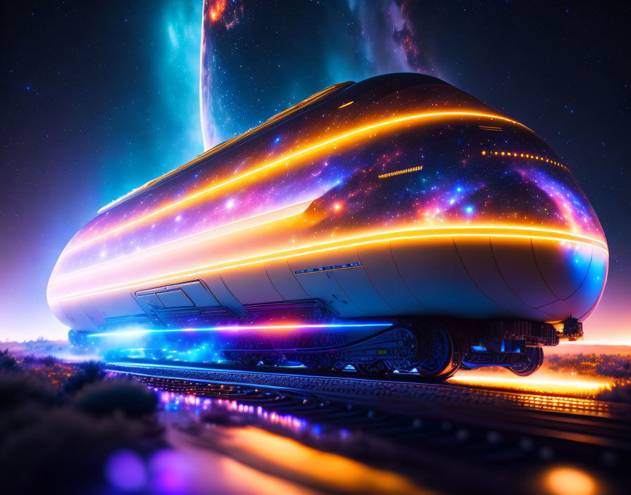 Futuristic neon-lit train on tracks under vibrant night sky