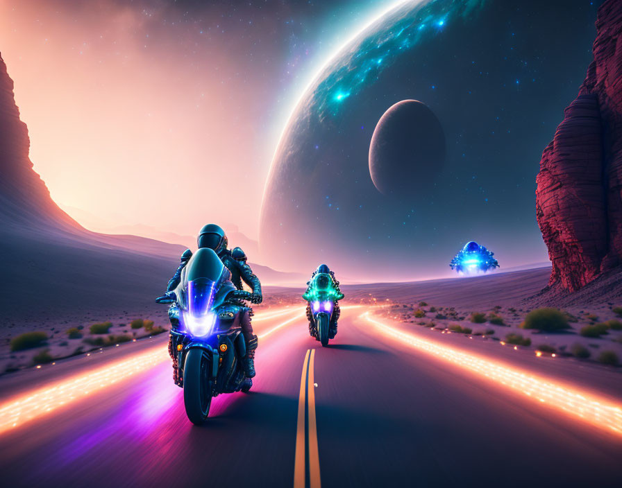 Futuristic motorcycles on alien planet with celestial bodies