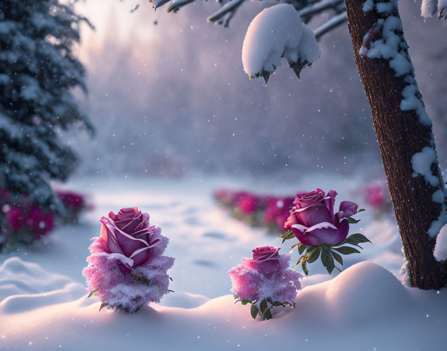 Pink Roses Covered in Snow Against Wintry Forest Backdrop