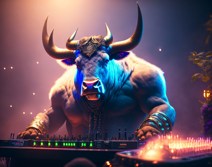 Anthropomorphic bull DJ with impressive horns under purple light