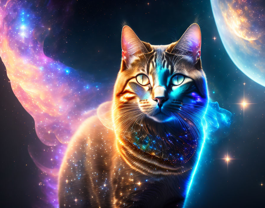 Cosmic-themed digital art: Cat with space nebulas and stars