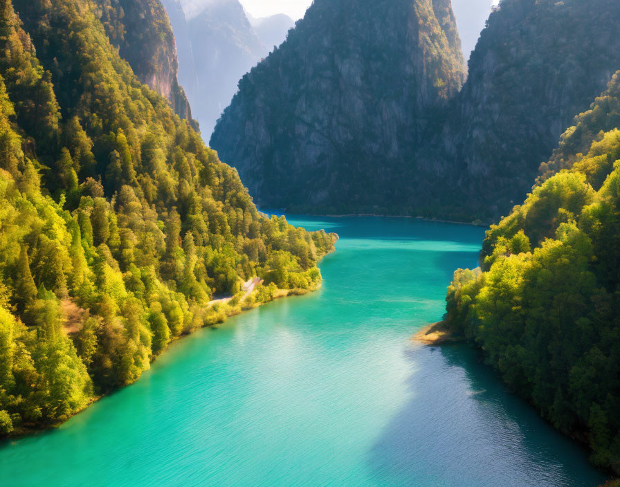 Serene Turquoise Lake Surrounded by Green Forested Mountains