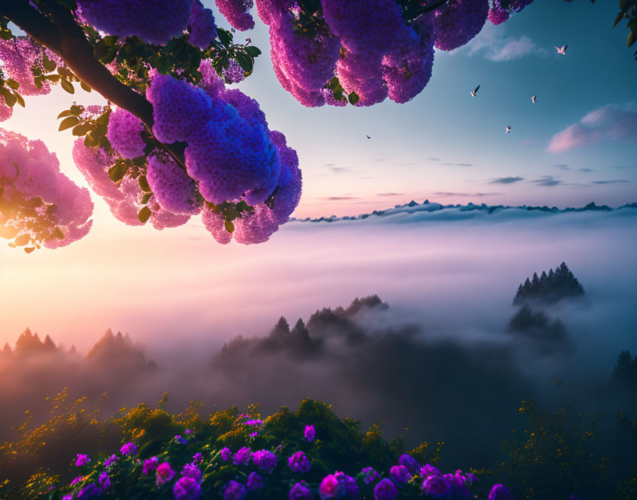 Mist-covered sunrise landscape with purple flowers and silhouetted trees