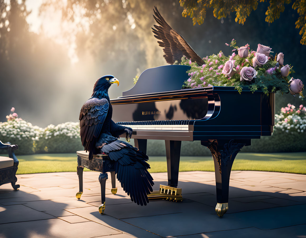 Eagle perched on black grand piano with flowers in sunlit garden