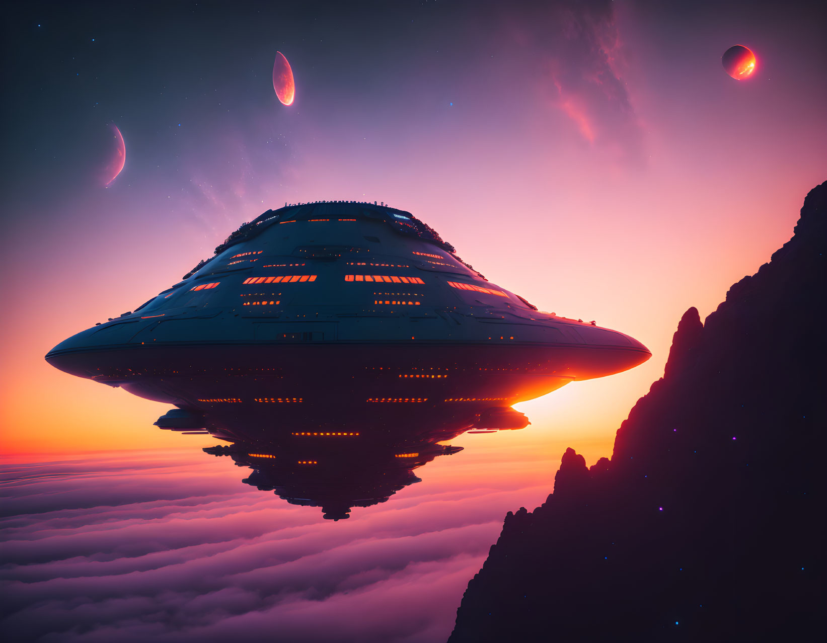 Futuristic spaceship above clouds at dusk with alien planets and stars