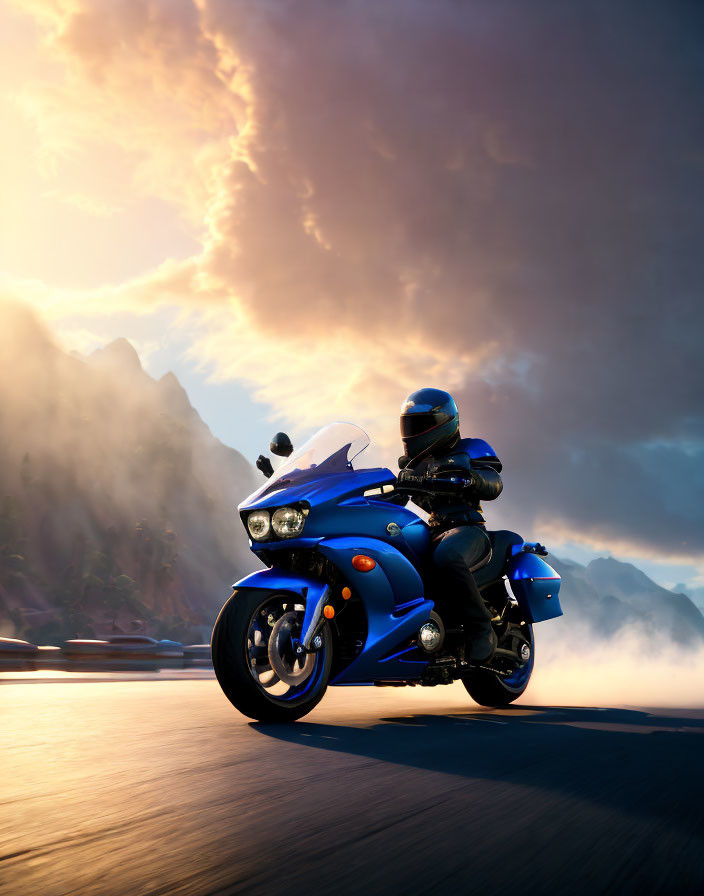 Motorcyclist on blue sportbike at sunset with misty mountains & dramatic sky