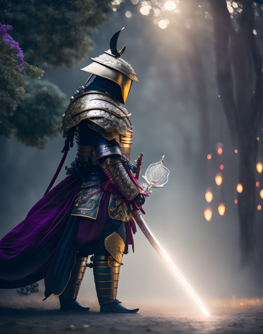 Samurai in full armor with drawn sword in misty forest scene