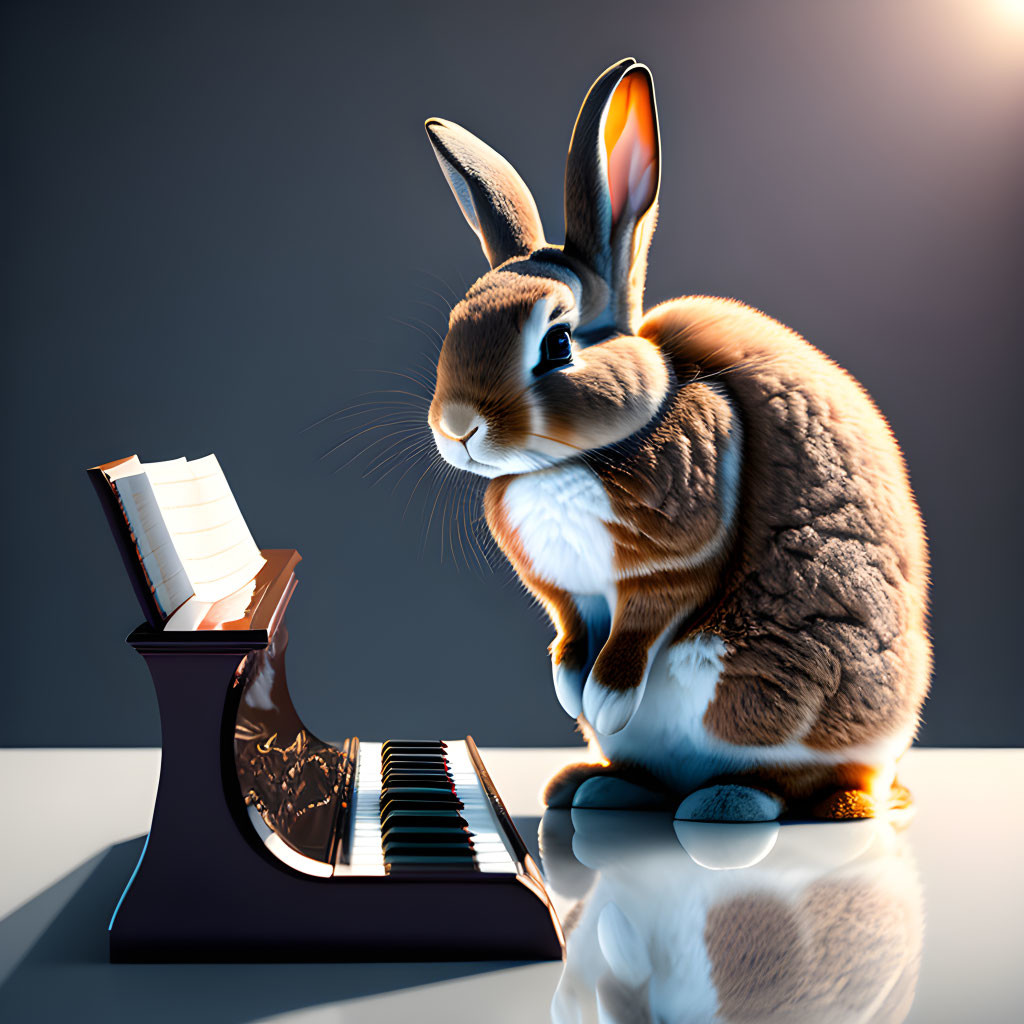 3D illustration of rabbit playing piano on dark background