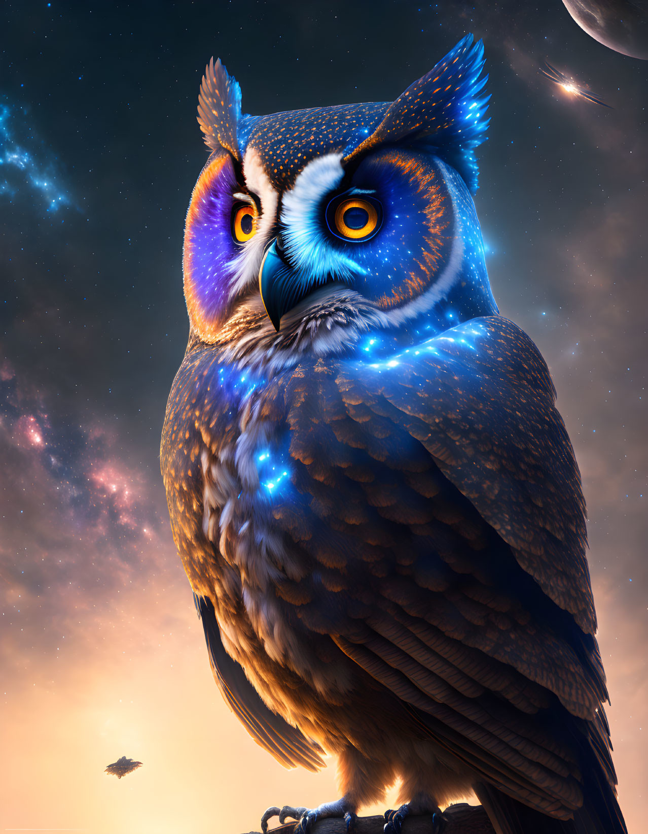 Colorful Owl Against Starry Night Sky with Moon and Comet