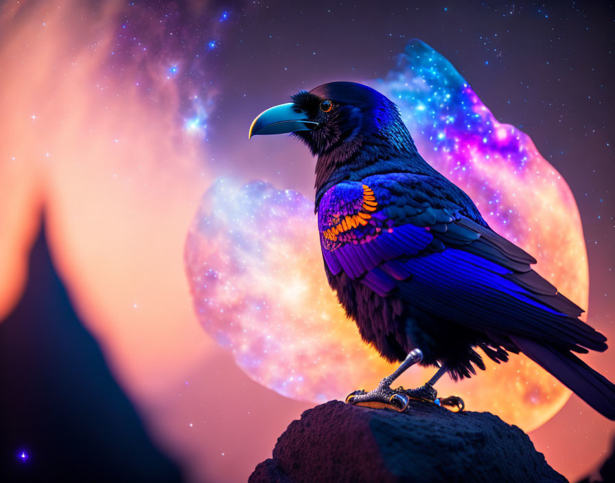 Raven perched on rock in cosmic nebulae scene