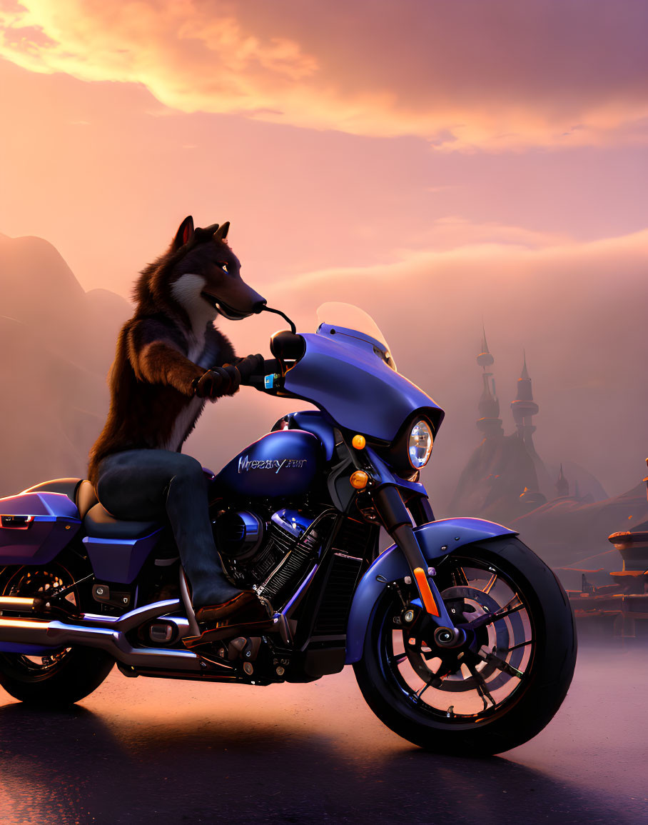 Raccoon on Motorcycle with Sunset and Castle Silhouette