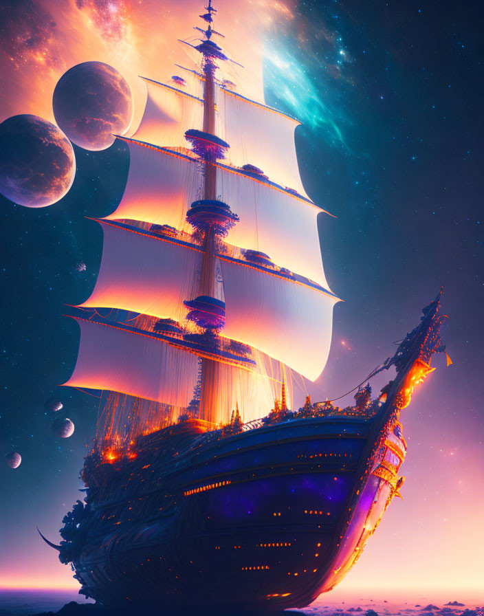 Sailing ship in cosmic backdrop with glowing sails and planets