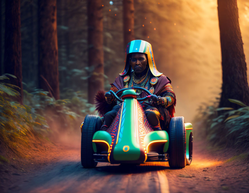 Vibrant tribal attire person go-karting in forest with sunlight rays