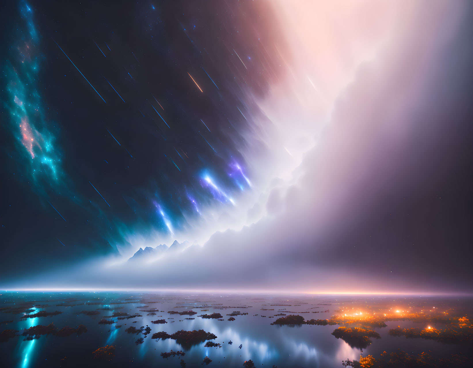 Surreal nightscape with starry sky, meteor trails, galactic colors, glowing horizon on