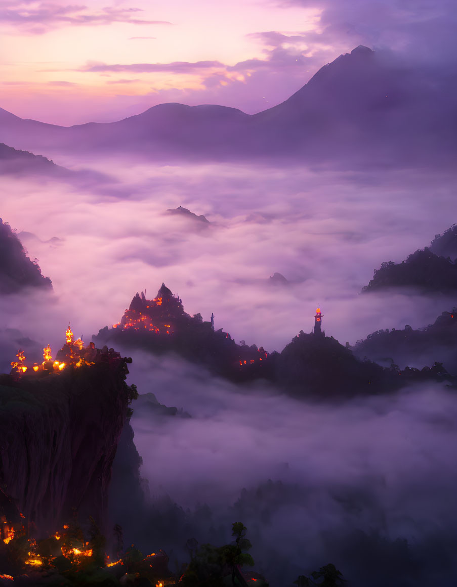 Twilight landscape with mountains, sea of clouds, village lights.