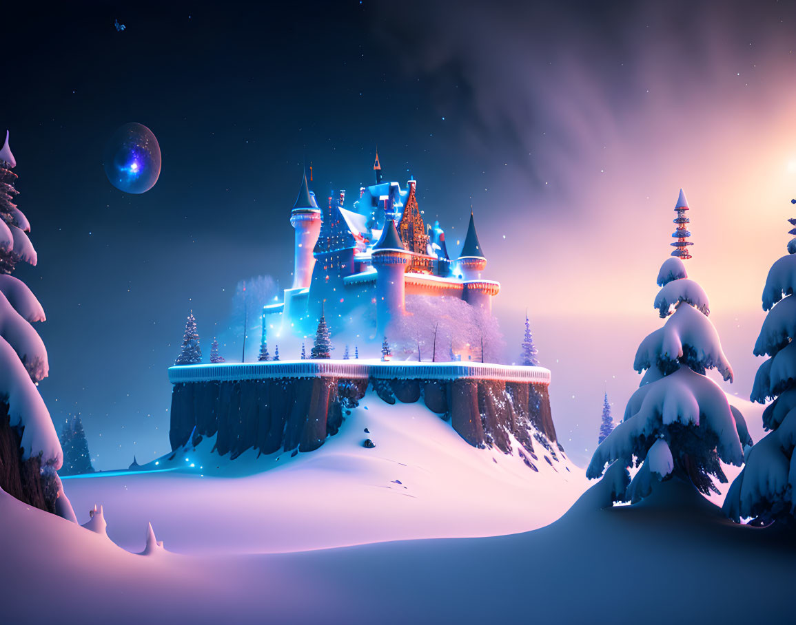 Majestic castle on snowy cliff under full moon