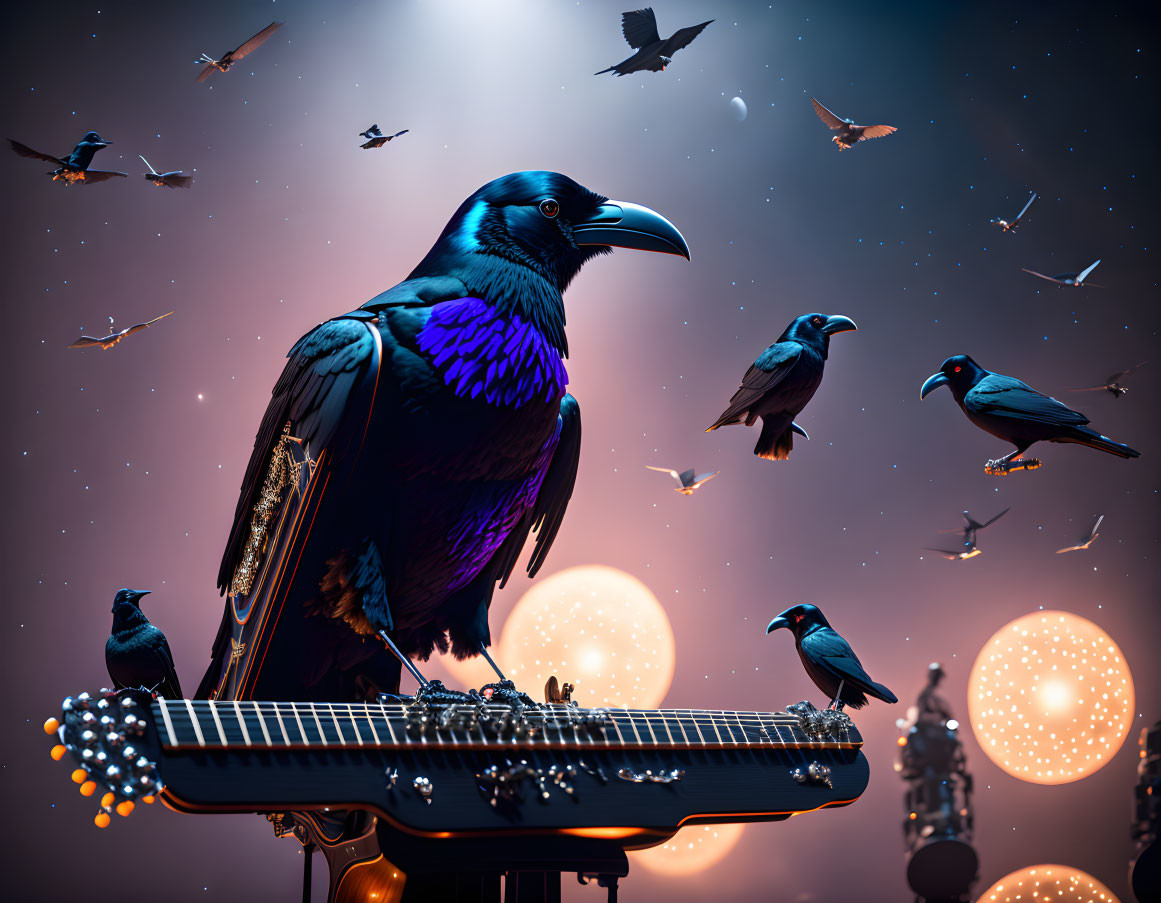 Ravens with electric guitar in twilight sky