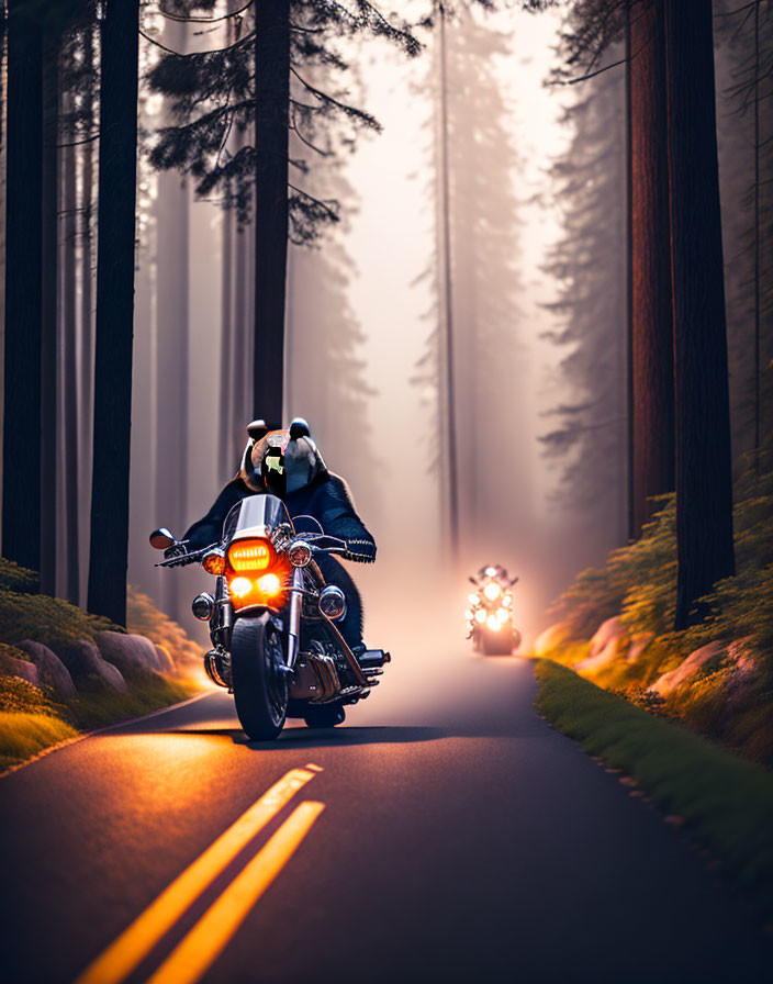 Motorcyclists on misty forest road at dusk with warm sun glow