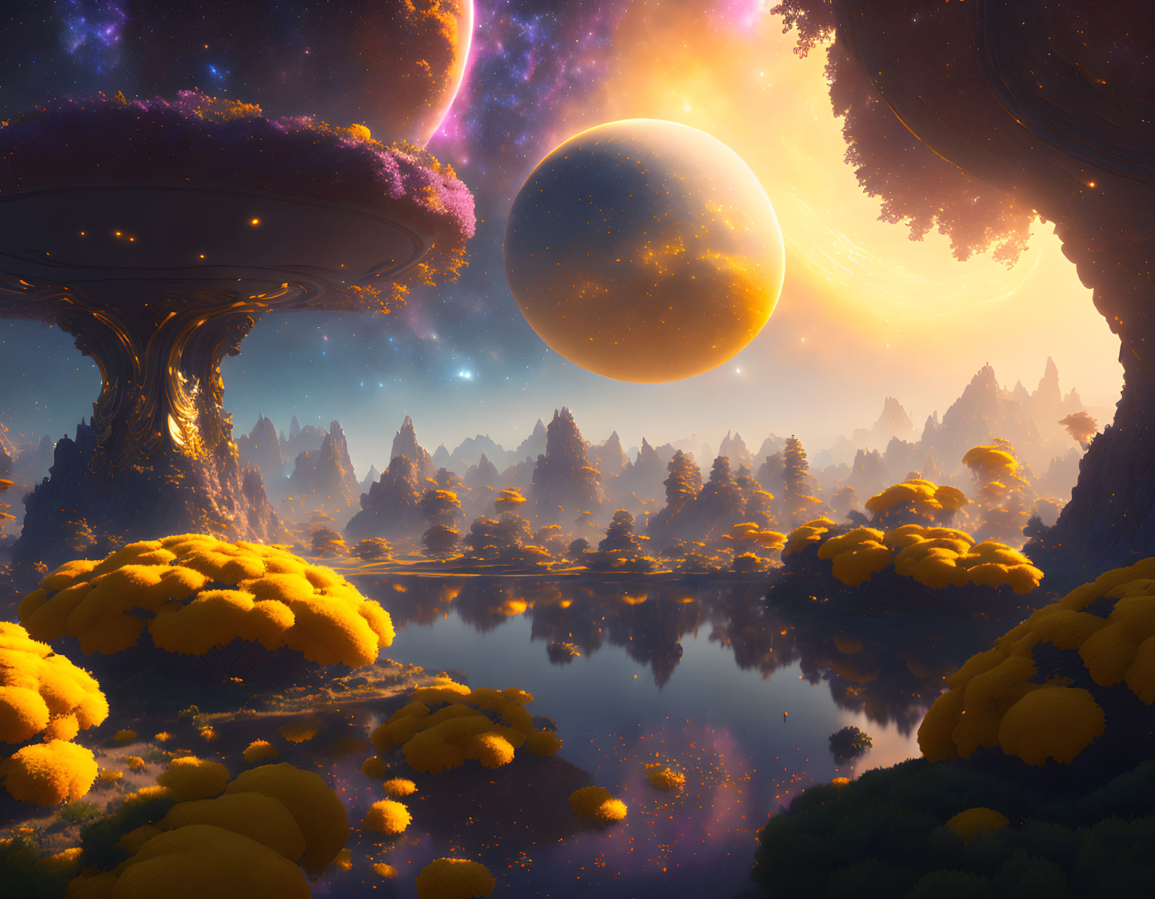 Vibrant yellow flora, alien trees, and cosmic sky in fantastical landscape