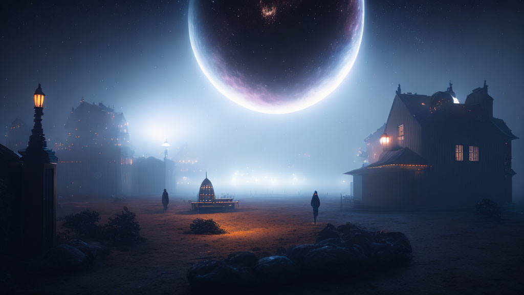 Surreal night scene with oversized moon and misty street ambiance