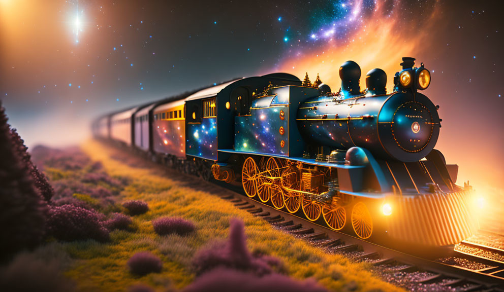 Vintage steam locomotive travels at night under starlit sky with vibrant flowers.