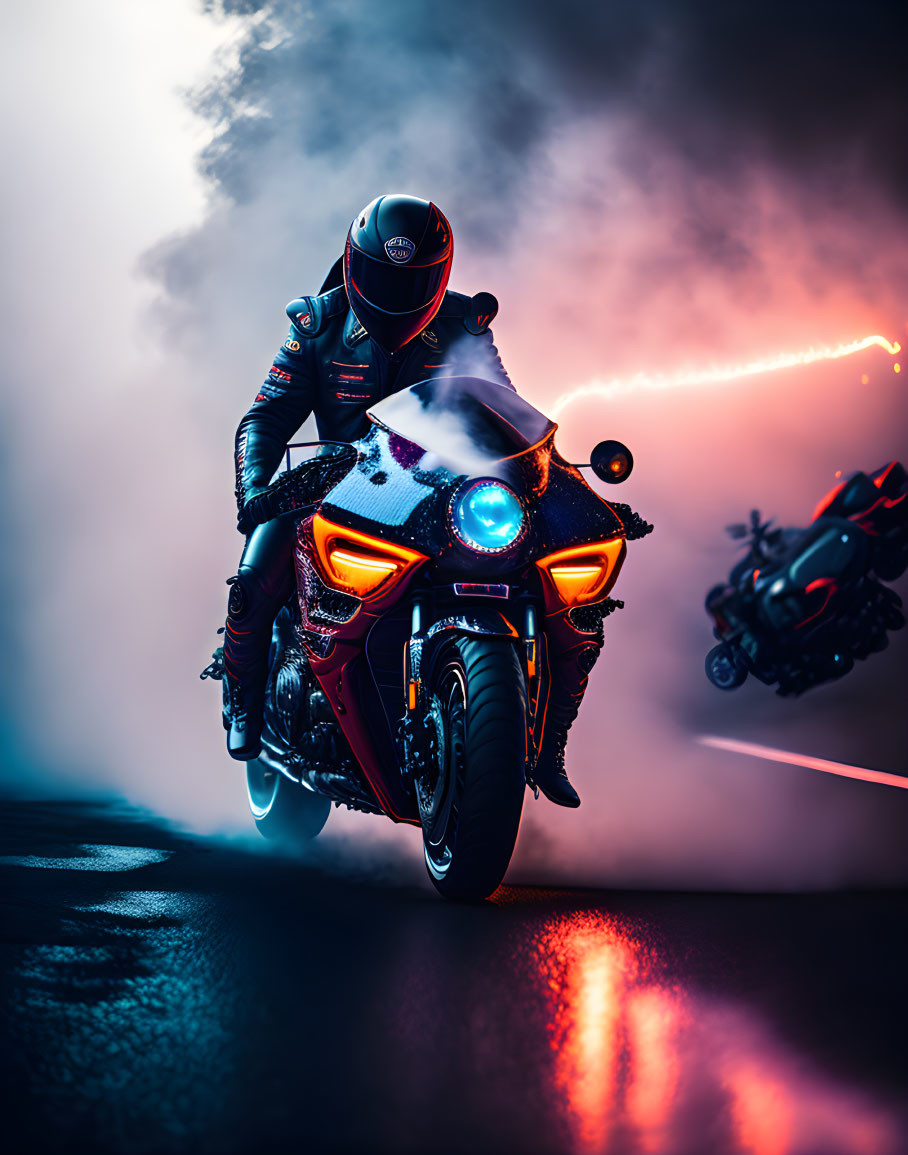 Motorcyclist in full gear leaning into vibrant turn with dynamic smoke effects