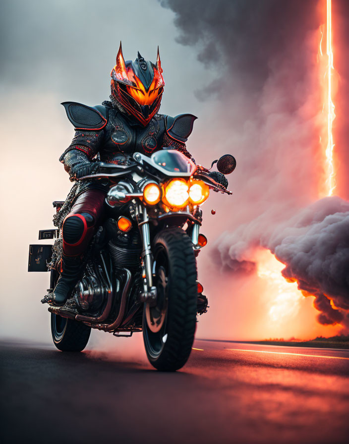 Fiery-themed motorcycle armor rider on intense lightning backdrop