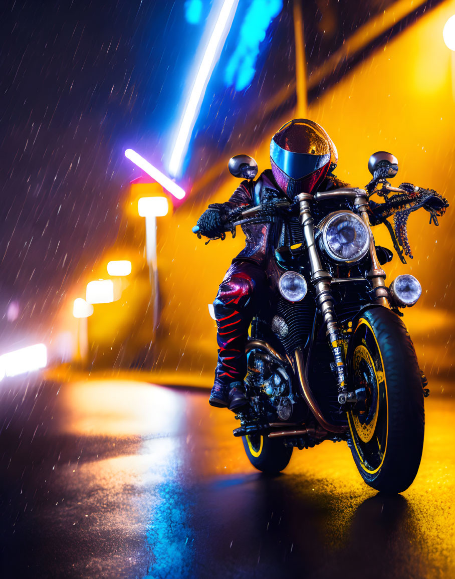 Motorcyclist in red jacket on rainy night with colorful lights