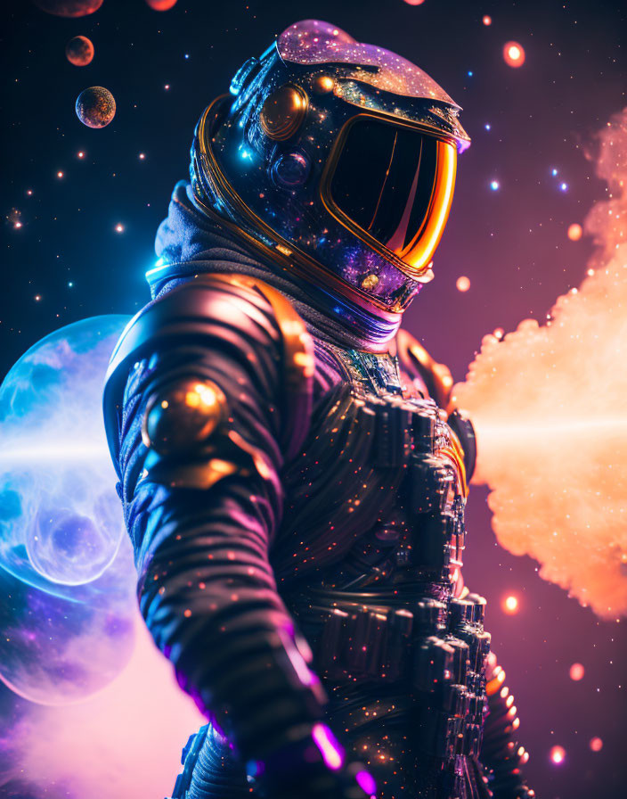 Detailed Spacesuit Astronaut Floating in Vibrant Cosmic Scene