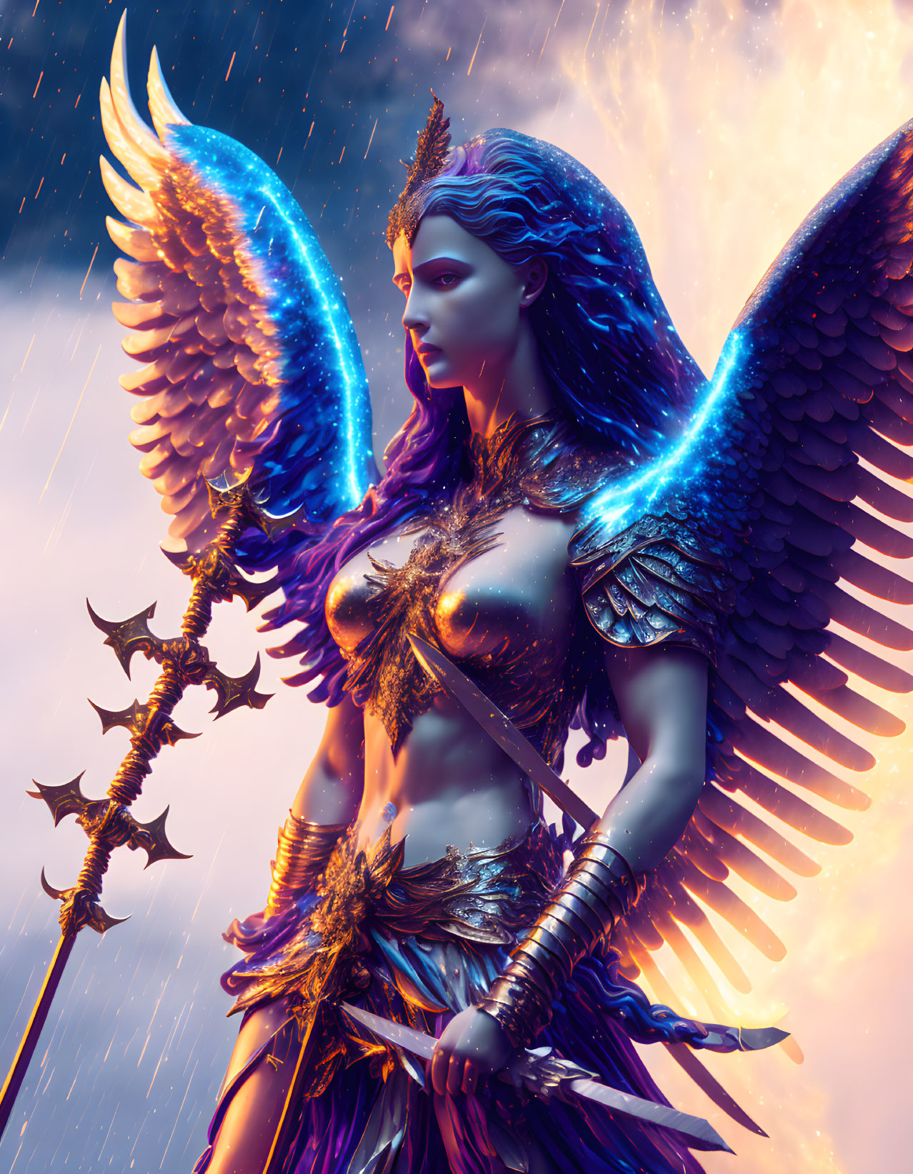 Majestic winged female warrior in intricate armor with spiked mace under dramatic sky