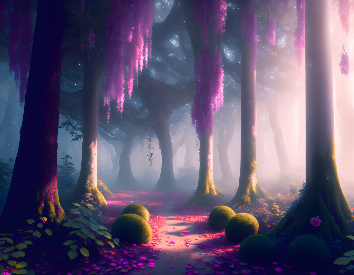 Enchanting forest with towering trees and purple foliage