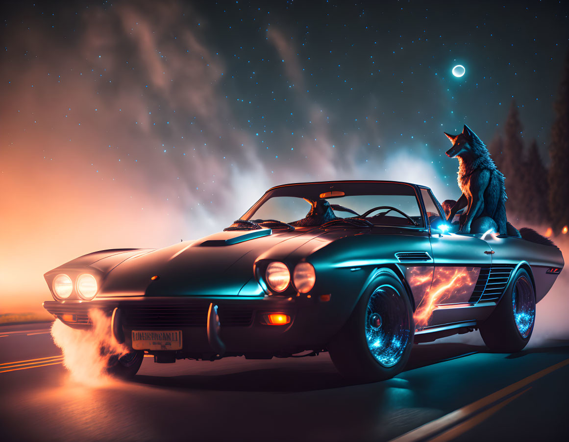 Wolf in classic convertible with fiery graphics under vibrant starry sky