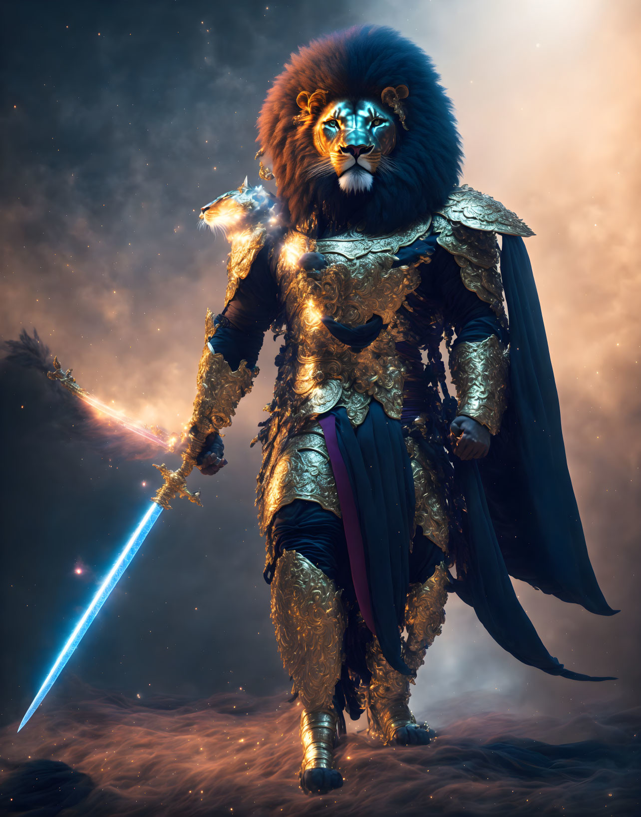 Majestic lion-headed warrior in golden armor wields blue sword