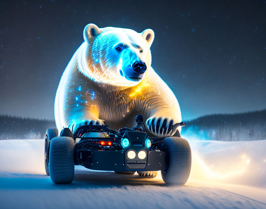 Glowing polar bear hologram above racing car in snowy landscape