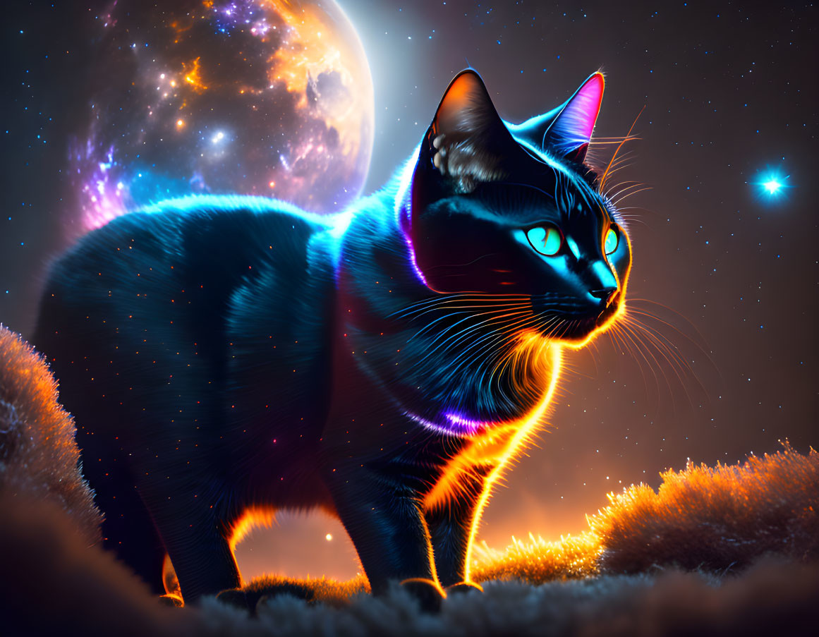 Cosmic-themed cat illustration with starry night sky and celestial bodies on grassy knoll