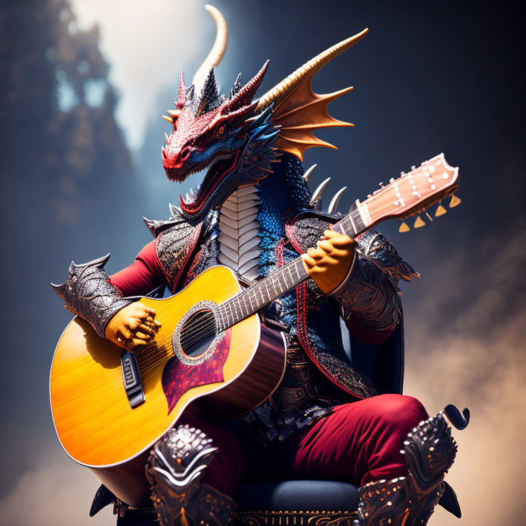 Dragon-headed character in ornate armor playing guitar against smoky backdrop