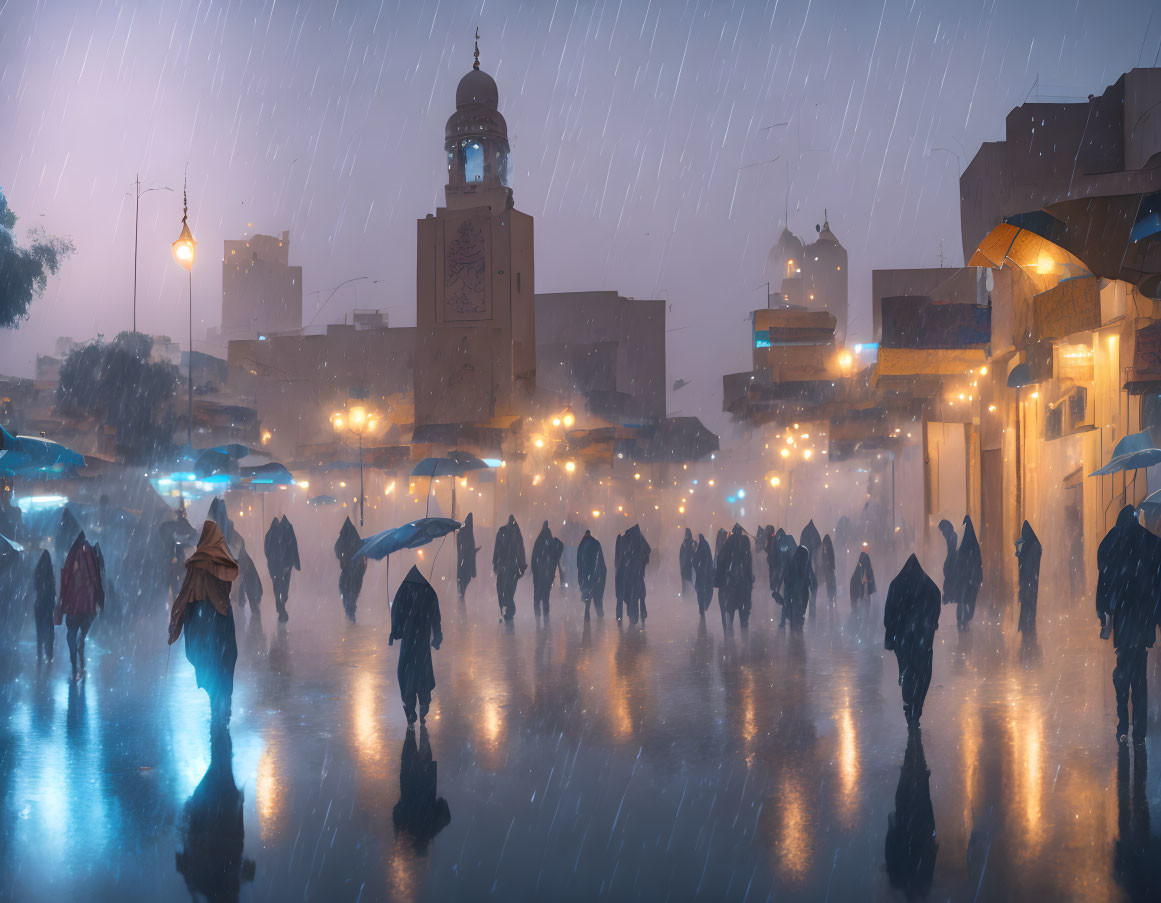 Rainy Evening Scene: People with Umbrellas on Reflective Street