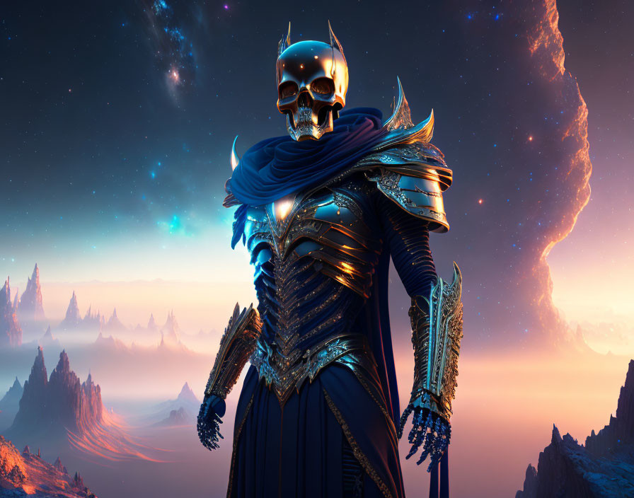 Futuristic armored skeleton warrior in cosmic setting