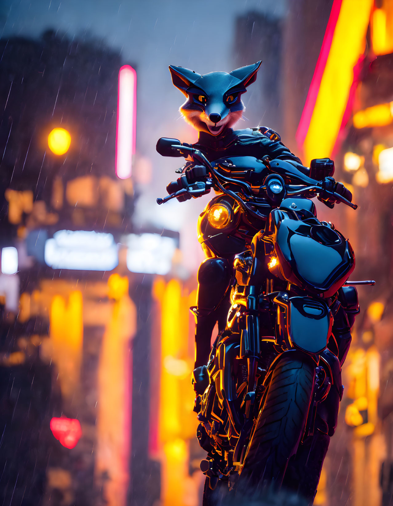 Anthropomorphic fox on motorcycle in futuristic urban scene